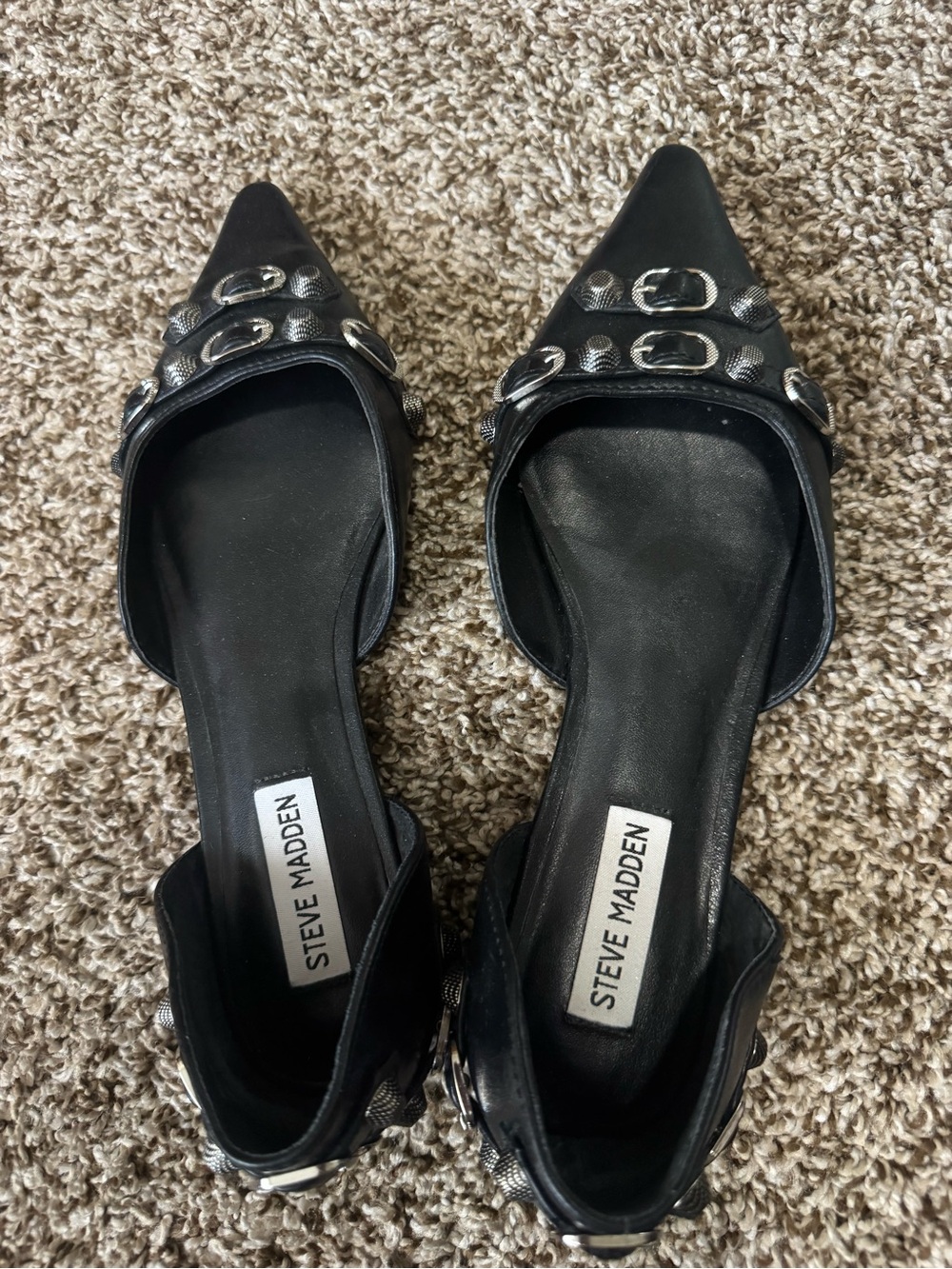 Steve Madden Black Pointed-Toe D'Orsay Flats with Silver Buckles